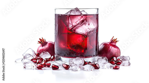 glass of red pomegranate juice with ice cubes isolated on white background	