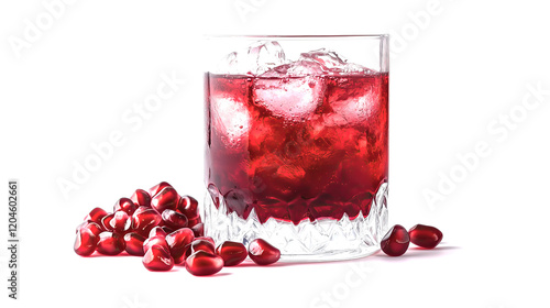 glass of red pomegranate juice with ice cubes isolated on white background	