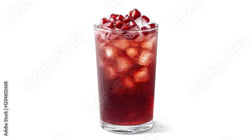 glass of red pomegranate juice with ice cubes isolated on white background	