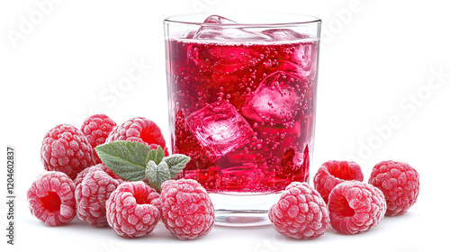 glass of red raspberry juice with ice cubes isolated on white background	