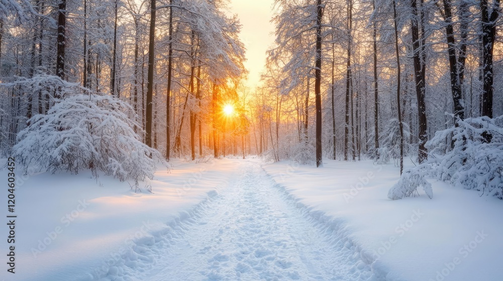Snowy forest path at sunset. Winter wonderland scene. Ideal for travel, nature, and winter themes Snowy forest path at sunset. Winter wonderland scene. Ideal for travel, nature, and winter themes