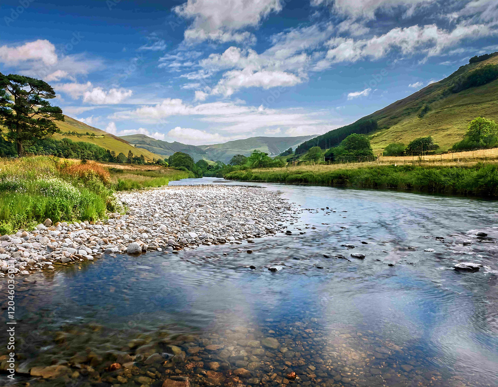Fototapeta premium A tranquil river at the mountain’s edge meandering across lush, flat terrain.