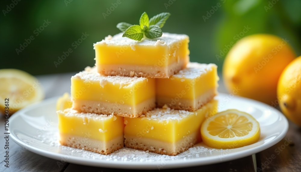 Delicious lemon squares stacked on white plate. Sweet dessert with lemon filling, shortbread base. Fresh fruit lemons around dessert. Perfect snack breakfast treat. Summery, tasty. Perfect for Delicious lemon squares stacked on white plate. Sweet dessert with lemon filling, shortbread base. Fresh fruit lemons around dessert. Perfect snack breakfast treat. Summery, tasty. Perfect for
