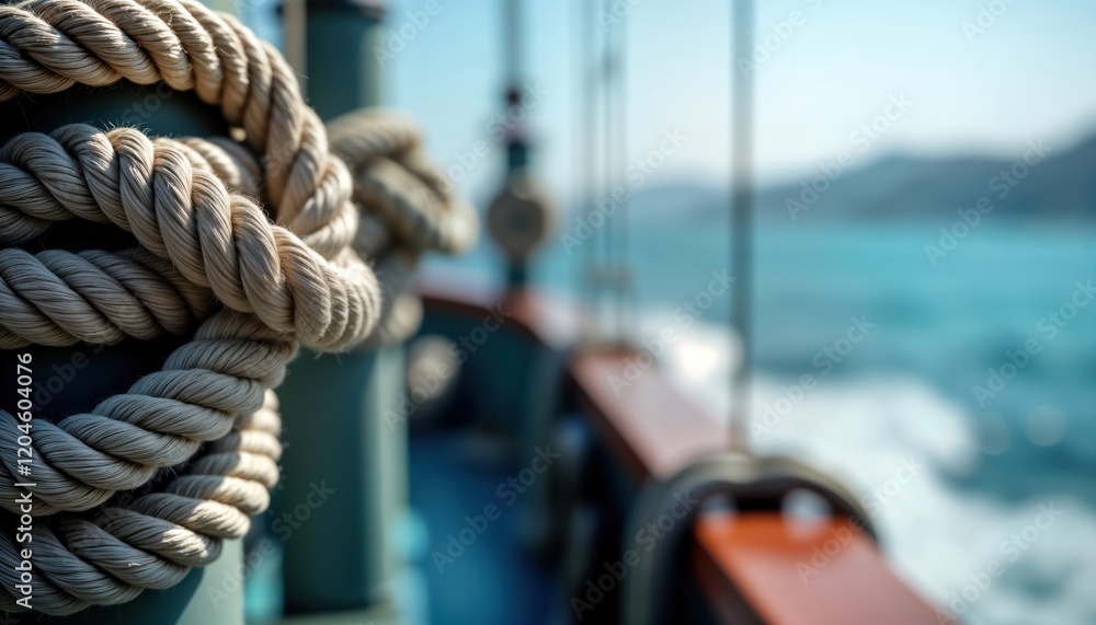 Obraz premium Tightly knotted ropes secured on ship deck against blurred ocean backdrop. Maritime style ropes show strength, endurance. Nautical details stand out against sea background. Sturdy bond. Seafaring