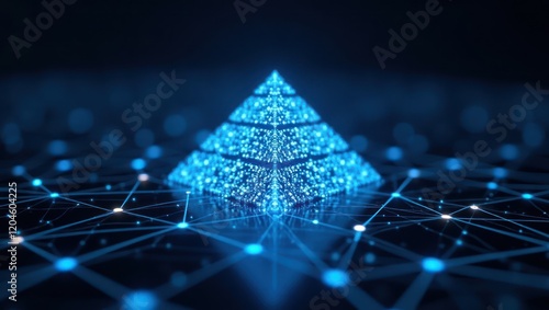 glowing 3D digital pyramid made of interconnected particles and neon blue lights, on futuristic neon surface 