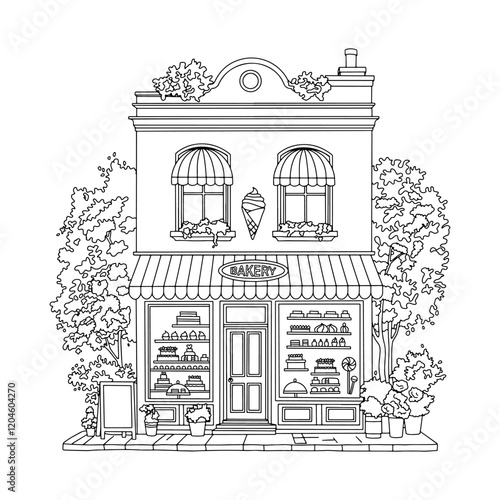 Outline linear drawing of a cute two story bakery house, cafe with pastries and cakes, designed as a coloring page. Vector illustration