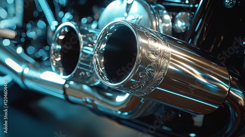 Close-up of custom motorcycle exhaust pipes with intricate detailing. photo