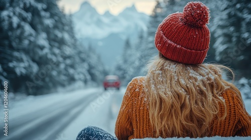 Winter Wonderland Escape: A Woman's Serene Moment in a Snowy Mountain Road