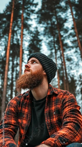 Man with beard wearing a beanie looks up among tall trees in a forest during a cloudy day