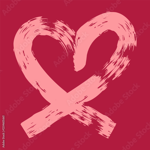 Valentine's Day heart made with a dry, rough-textured brush. Pink, uneven strokes resemble a coarse, bristly brush. Expressive card or banner design