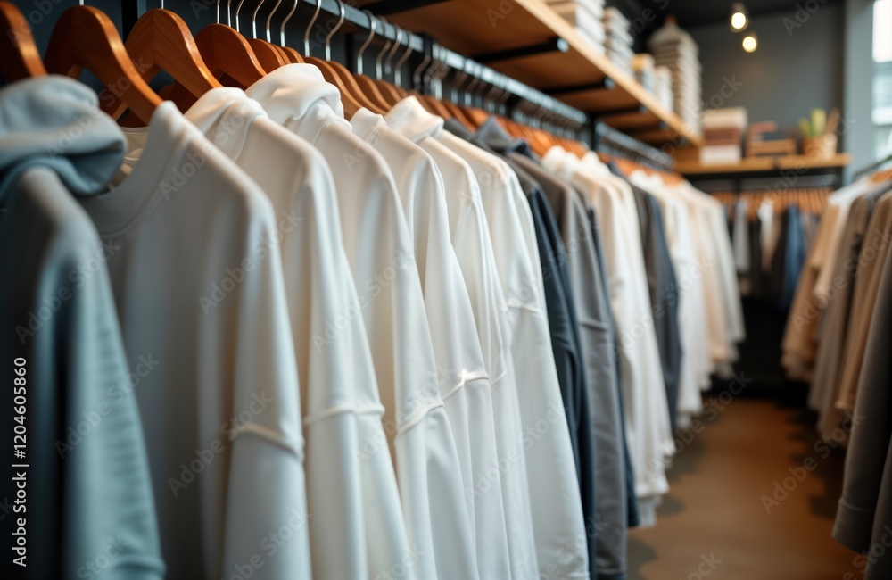 custom made wallpaper toronto digitalWhite sweatshirts, hoodies hang in shop. Clothes arranged on wooden hangers. Modern apparel display in retail store. Blank space for advertising. Store interior showcase. Stylish trendy clothing.