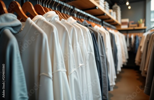 Wallpaper Mural White sweatshirts, hoodies hang in shop. Clothes arranged on wooden hangers. Modern apparel display in retail store. Blank space for advertising. Store interior showcase. Stylish trendy clothing. Torontodigital.ca