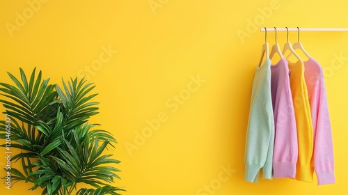 Wallpaper Mural Pastel sweaters hang on rack against yellow wall. Plant in corner. Online shop background Torontodigital.ca