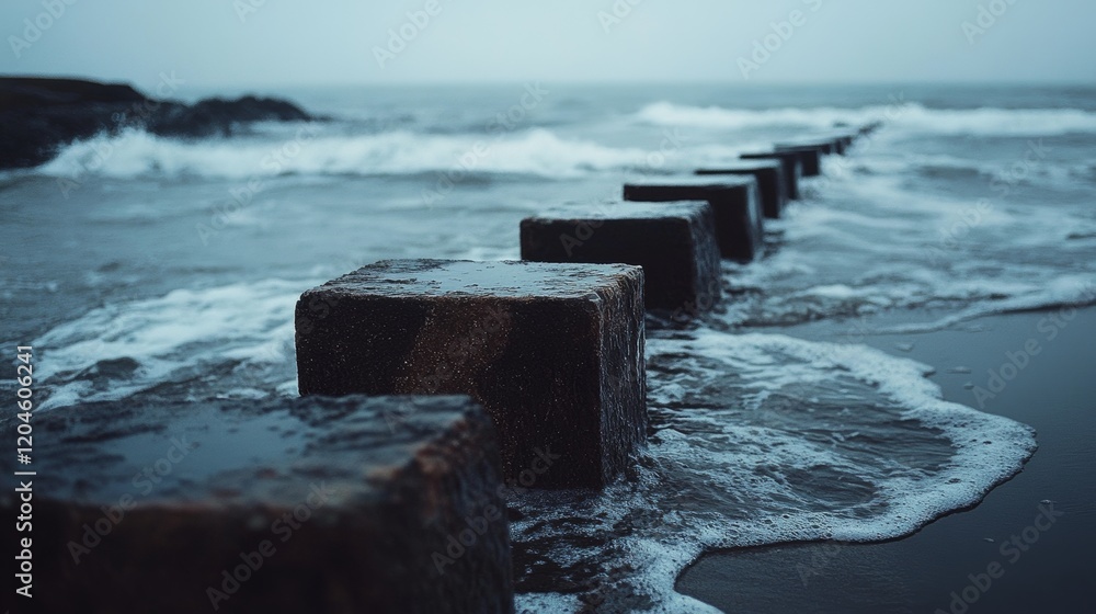 Stone steps emerge from the sea, guiding the eye into the horizon amid crashing waves and a gray, misty sky, evoking a sense of mystery and adventure. Stone steps emerge from the sea, guiding the eye into the horizon amid crashing waves and a gray, misty sky, evoking a sense of mystery and adventure.