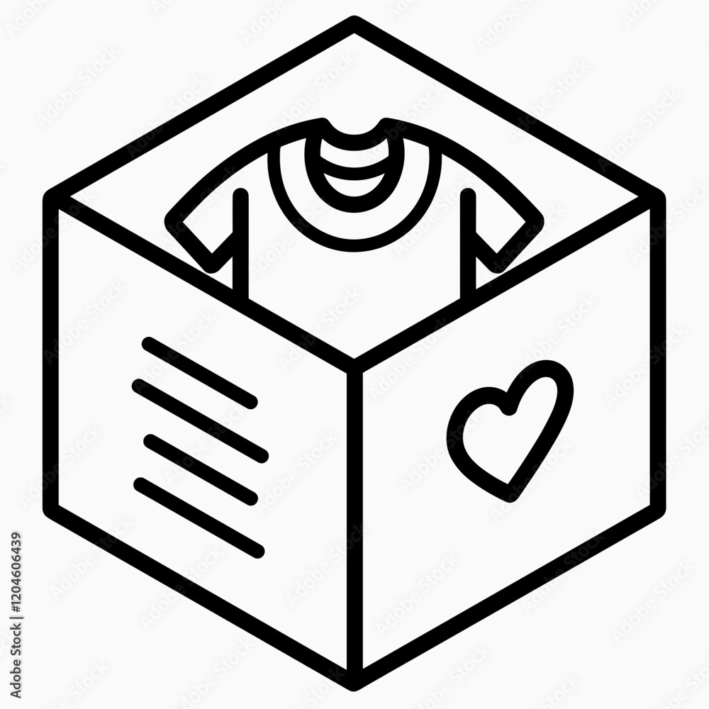 Isometric line drawing of donation box with heart symbol for clothing donation charity Isometric line drawing of donation box with heart symbol for clothing donation charity