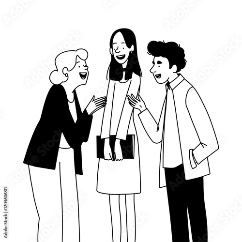 vector linear outline illustration, speaking club, three colleagues chatting at work, two woman and one man discussing, line vector minimalistic illustration. Vector illustration