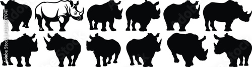 Rhino silhouettes set, rhinoceros pack of vector silhouette design, isolated background