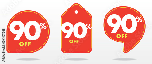 90% off. Tag sticker, value, offer, price. Set, promo, discount, shop, e-commerce. Business, sale, red balloon, sign. Ads, marketing, social. Poster, vector, icon, coupon