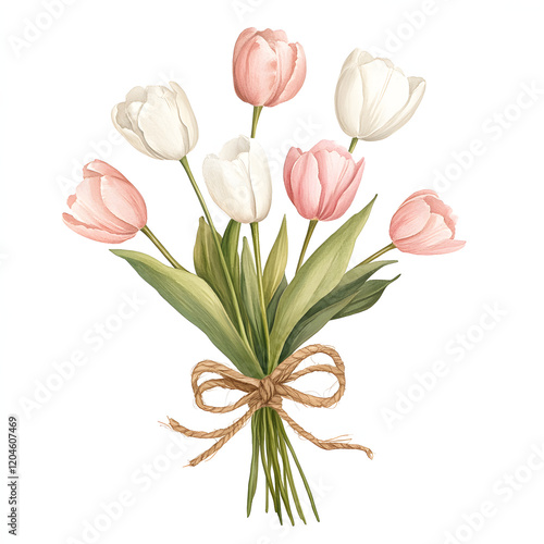 beautiful bouquet of pink and white tulips tied with twine, perfect for any occasion