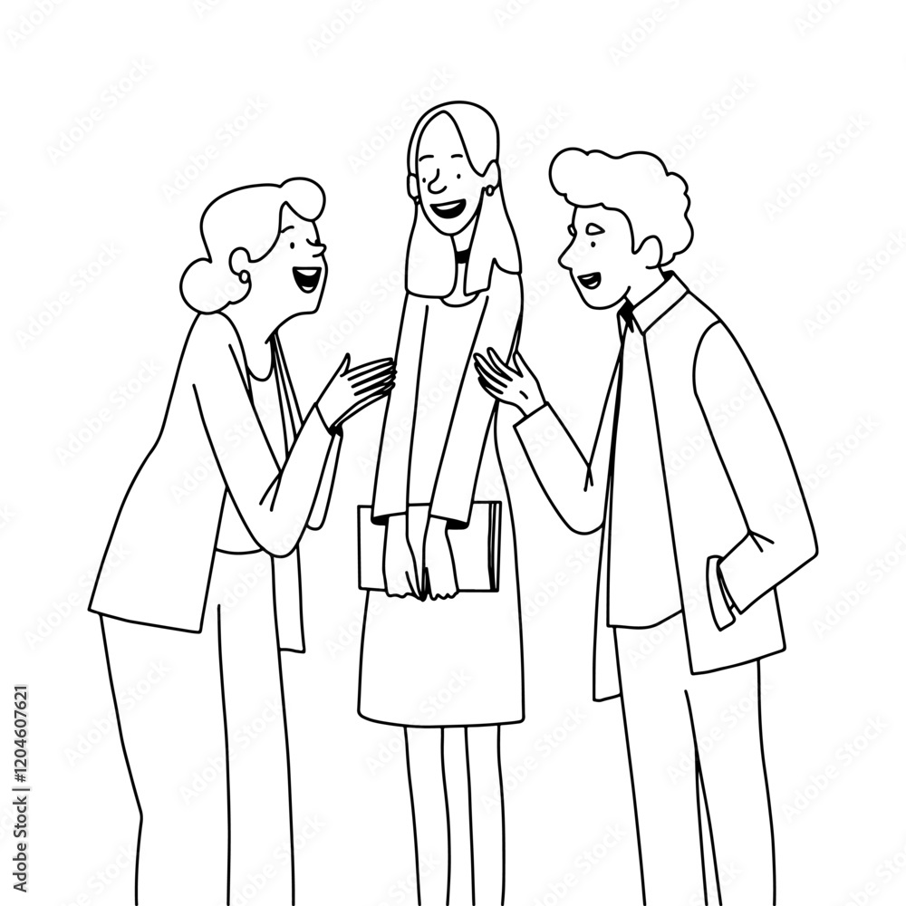 vector linear outline illustration, speaking club, three colleagues chatting at work, two woman and one man discussing, line vector minimalistic illustration. Vector illustration vector linear outline illustration, speaking club, three colleagues chatting at work, two woman and one man discussing, line vector minimalistic illustration. Vector illustration