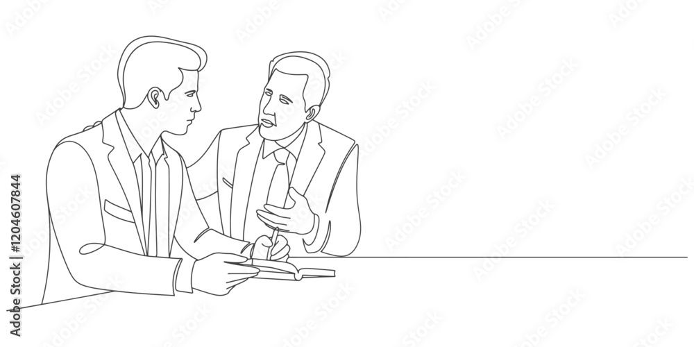 Two people work together in office line art style vector illustration Two people work together in office line art style vector illustration