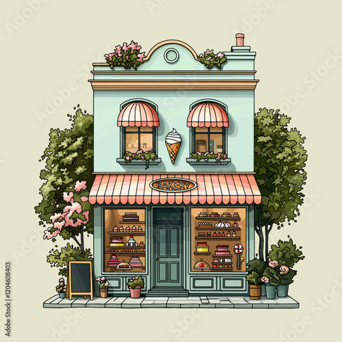 Vector colorful cute two story bakery house with shop windows, cakes, and pastries. Vector illustration
