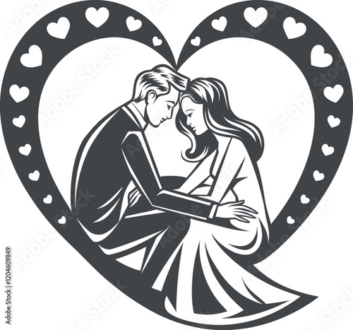 A modern and stylized black and white vector illustration of a man and a woman in a loving embrace, illustration of a couple