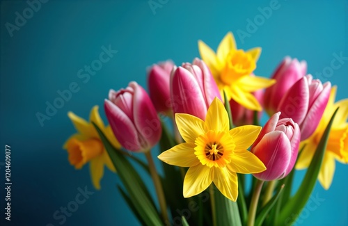 Vibrant bouquet of tulips, daffodils. Pink, yellow flowers display spring colours. Spring floral arrangement displays vibrant colors. Beautiful flowers on blue background. Spring flowers show photo