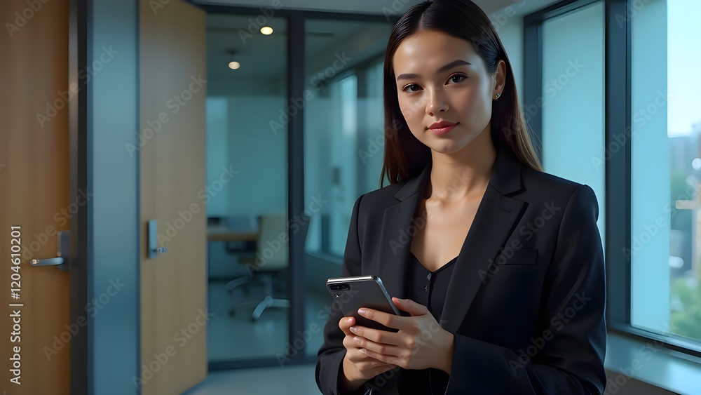 A confident young woman in a stylish business suit is using her smartphone and laptop, and this scene is set in a modern and professional setting. A confident young woman in a stylish business suit is using her smartphone and laptop, and this scene is set in a modern and professional setting.