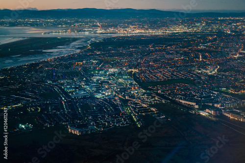 Aerial Dublin cityscape from an airplane landing at Dublin Airport in Ireland