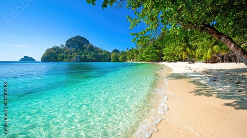 Tropical beach paradise  turquoise water  island view  sunny day  travel destination