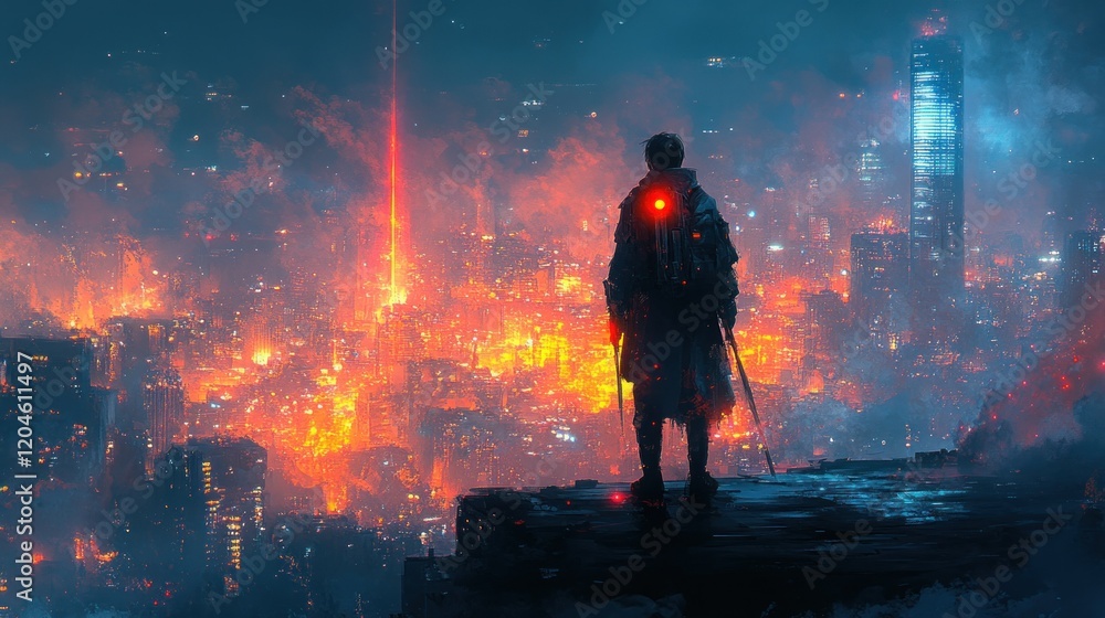 Futuristic Cyberpunk Warrior on Rooftop with Glowing Spear in Neon City at Night Digital Art Futuristic Cyberpunk Warrior on Rooftop with Glowing Spear in Neon City at Night Digital Art