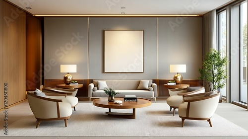 Modern living room featuring elegant furniture, wooden accents, and large windows that let in natural light.