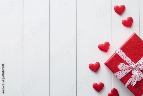 A festive Valentine's Day image with a gift box and red hearts, ideal for a holiday greeting card.