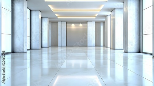 A sleek, modern interior space featuring polished floors, bright lighting, and sleek columns, evoking a sense of openness and minimalism.