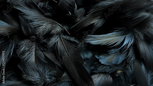 Dark feathers scattered on a smooth surface create an intriguing textural composition in natural light