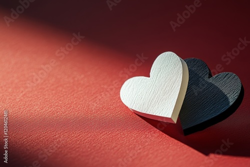A heart made of white wood with a prominent shadow against a red background, representing love and passion, embodies the spirit of Valentine's Day.