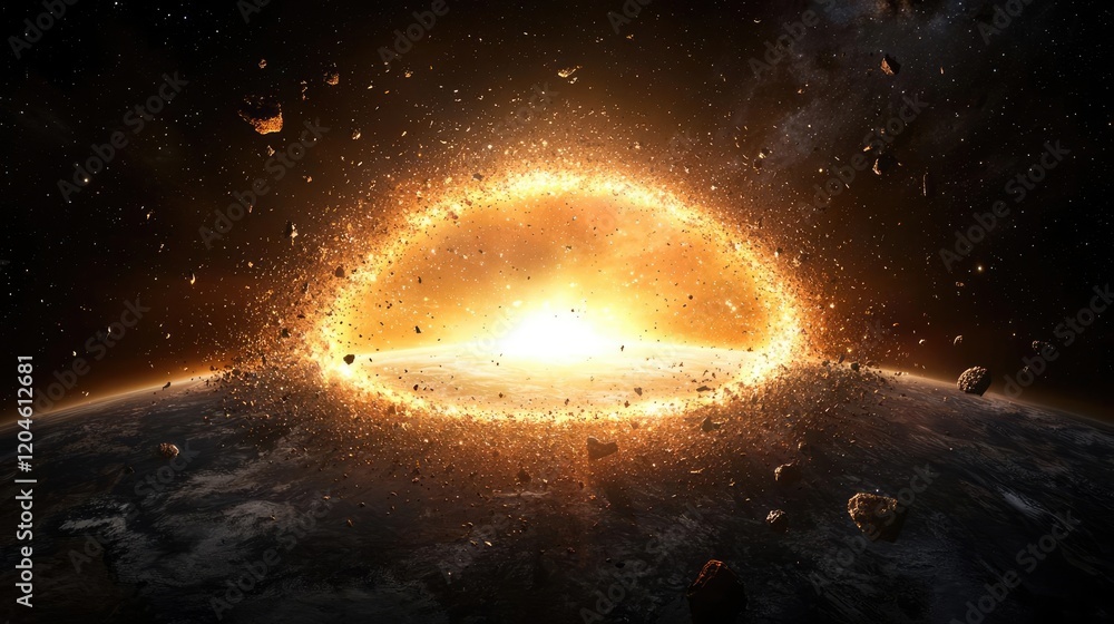 Obraz premium Asteroid impact on planet; cosmic explosion; space debris; fiery ring; destruction