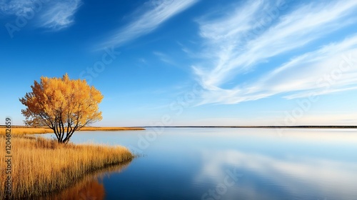 A tranquil lakeside scene featuring a solitary yellow tree against a backdrop of clear blue skies and gentle clouds.