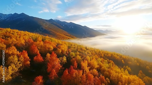 A breathtaking autumn landscape featuring colorful foliage, mountains, and a serene sunrise over a misty valley.