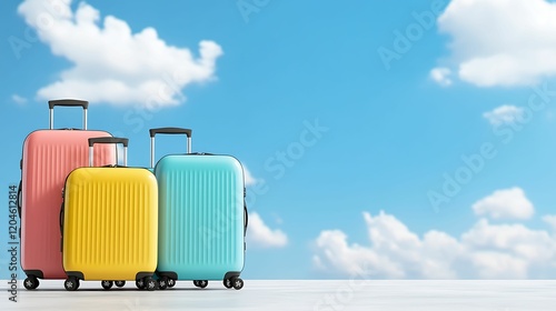 Colorful suitcases in pink, yellow, and blue against a bright blue sky with fluffy clouds, perfect for travel and adventure.