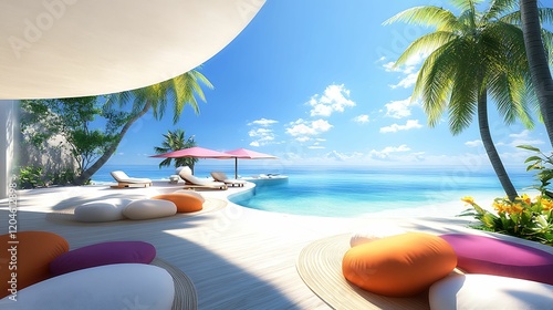 A serene tropical scene featuring vibrant cushions, palm trees, and a stunning ocean view under a bright blue sky.