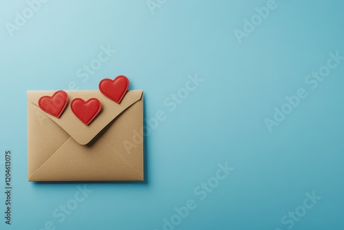 For Saint Valentine's Day, an arrangement includes an envelope, knitted hearts, and red paper hearts to express love, presented in a flat lay style.