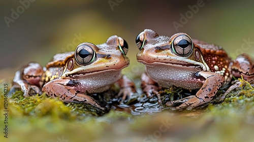 Two frogs facing each other near a pond, mossy background; nature photography for websites photo