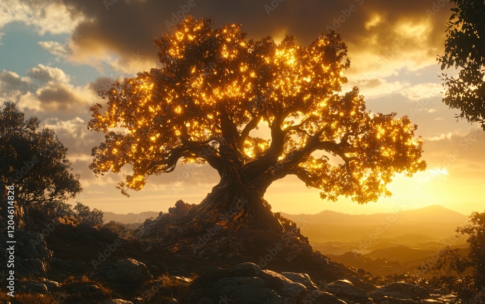 Obraz premium Golden Sunset Tree Landscape, Magical Glowing Tree on Hilltop