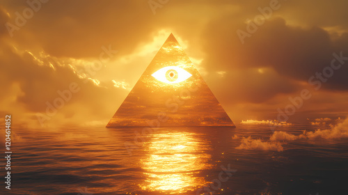 Mystical pyramid with open third eye above water in golden light magical landscape, mystical, pyramid. Golden Pyramid. Illustration