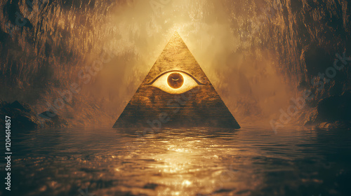 Mystical pyramid with open third eye above water in golden light magical landscape, mystical, pyramid. Golden Pyramid. Illustration
