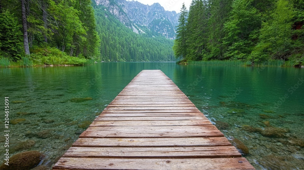 Obraz premium Wooden pier extends into a calm turquoise alpine lake surrounded by green forests and mountains.