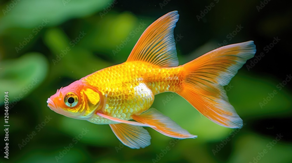 Orange goldfish swims in green aquarium plants. Home aquarium fish pet Orange goldfish swims in green aquarium plants. Home aquarium fish pet