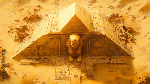 Top-down shot of the sphinx and the pyramids of giza, showcasing their alignment and the surrounding golden sands of egypt. Golden Pyramid. Illustration